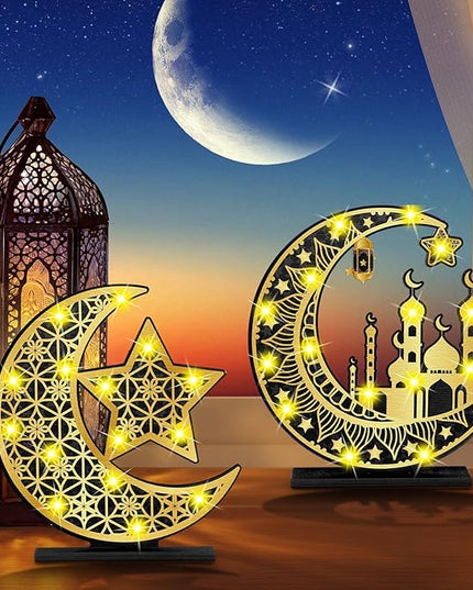 2 Pcs Ramadan Eid Mubarak Crafts Night Light 3D Wooden Moon Star Lights Ramadan Decorations LED Eid Mubarak Lamp Decor Ramadan Table Sign for Tabletop Home Party Supplies(Black and Gold) - LeafyLoom