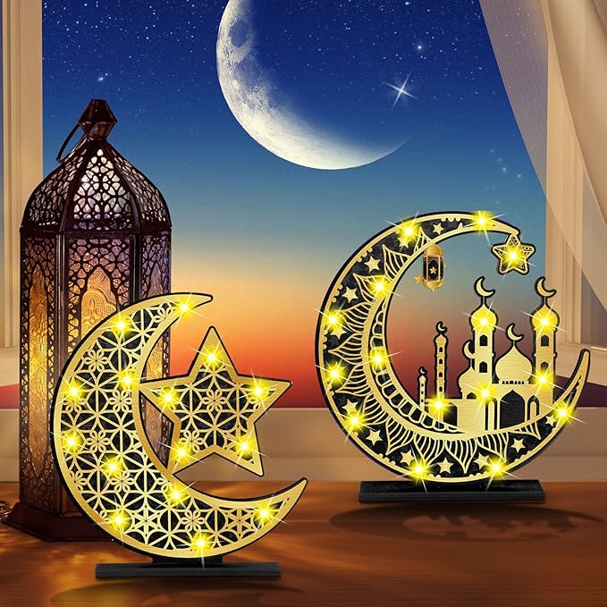 2 Pcs Ramadan Eid Mubarak Crafts Night Light 3D Wooden Moon Star Lights Ramadan Decorations LED Eid Mubarak Lamp Decor Ramadan Table Sign for Tabletop Home Party Supplies(Black and Gold) - LeafyLoom