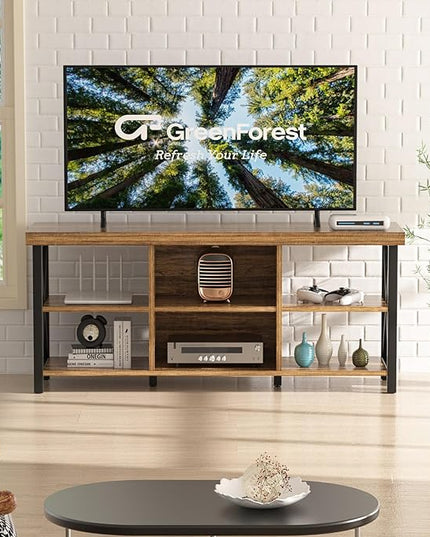 GreenForest TV Stand for TV up to 65 inches, Entertainment Center with 6 Storage Cabinet for Living Room, 55 inch Farmhouse Television Stands Console Table, TV stands for Living Room, Walnut - LeafyLoom