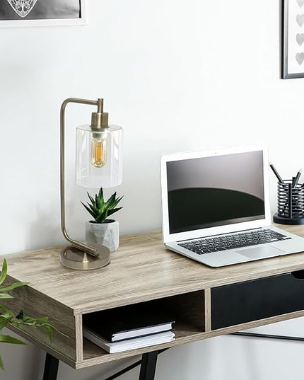 Simple Designs LD1036-ABS-LB 18.8" Industrial Bronson Antique Style Iron Lantern Desk Table Lamp with Glass Shade for Office, Living Room, Bedroom, Antique Brass, with Feit LED Bulb Included - LeafyLoom