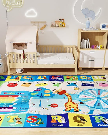 Kids Playroom Rug 4x6 Blue Rugs for Boys Girls Bedroom Child Play Mat Educational and Fun Baby Care Rugs,Learning Rug with ABC Alphabets Animals Shapes No-Slip Carpets for Children Toddler Washable - LeafyLoom