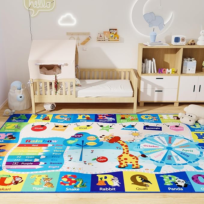 Kids Playroom Rug 4x6 Blue Rugs for Boys Girls Bedroom Child Play Mat Educational and Fun Baby Care Rugs,Learning Rug with ABC Alphabets Animals Shapes No-Slip Carpets for Children Toddler Washable - LeafyLoom