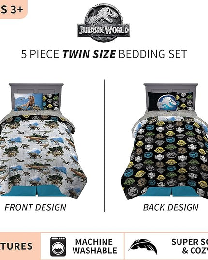 Franco Kids Bedding Super Soft Comforter and Sheet Set with Sham, 5 Piece Twin Size, Jurassic World,6A1348 - LeafyLoom