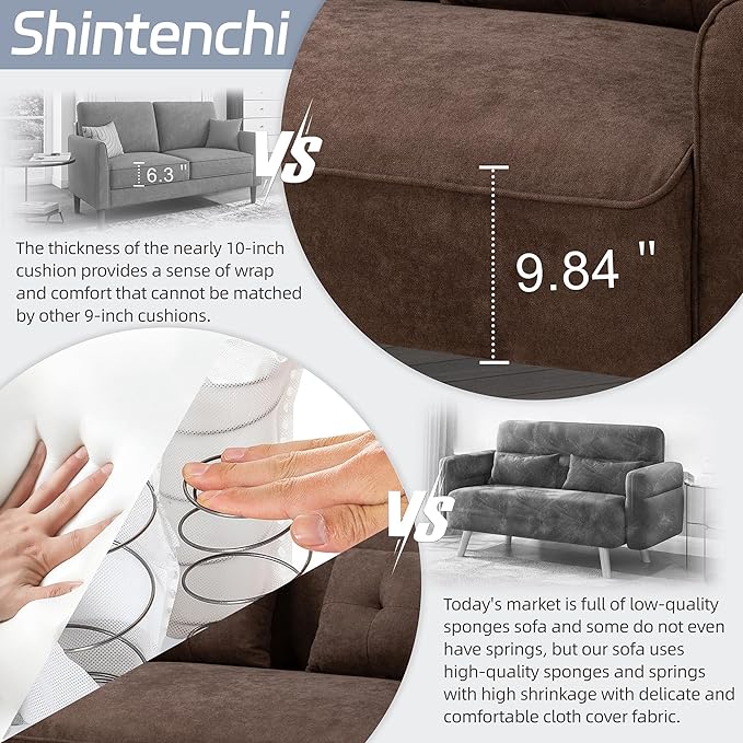Shintenchi 47" Loveseat Wood Sofa, Brown, Easy Assembly, Comfortable Cushions - LeafyLoom