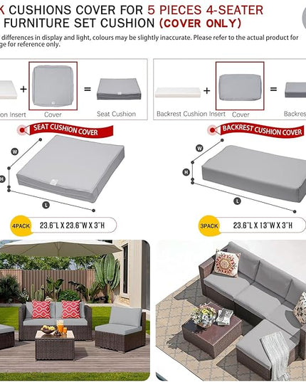 ClawsCover 7Pack Outdoor Seat and Back Cushions Replacement Covers Fit for 3/5 Pieces 4-Seater Wicker Rattan Patio Furniture Conversation Set Sectional Couch,Gray-Small (Include Cover Only) - LeafyLoom