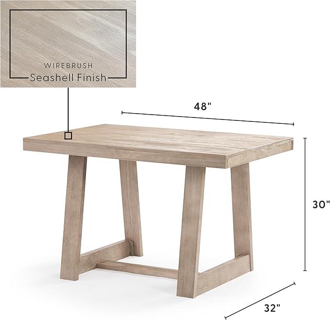 Plank+Beam 48 Inch Farmhouse Dining Table, Rustic Solid Wood Kitchen Table, Dinner Table for Dining Room, Home Office Furniture, Seashell Wirebrush - LeafyLoom