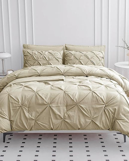 LANE LINEN Twin Comforter Set, 5 Piece Twin Size Bed in a Bag Sets, Pintuck Bedding Sets & Collections with Down Alternative Comforter, Sheets, Pillowcases & Shams, Ultra Soft Twin Bed Set - Linen - LeafyLoom