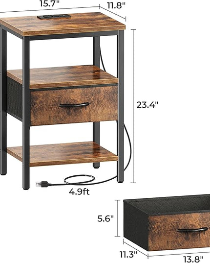SUPERJARE Nightstand Set of 2, Bed Side Tables with Charging Station, Adjustable Fabric Drawer, Night Stand for Bedroom, 3-Tier Storage End Tables, for Living Room, Rustic Brown - LeafyLoom