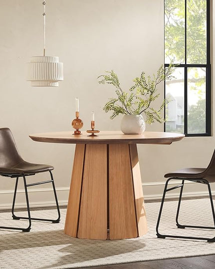 Walker Edison Scandinavian Paneled-Wood Pedestal Base Round Top Dining Table, 48 Inch, Cerused White - LeafyLoom