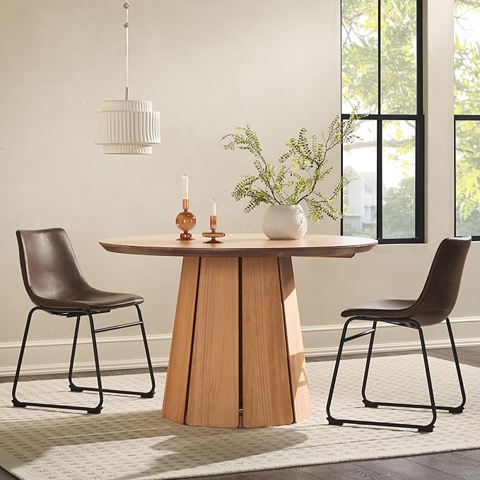Walker Edison Scandinavian Paneled-Wood Pedestal Base Round Top Dining Table, 48 Inch, Cerused White - LeafyLoom