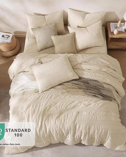 CASAAGUSTO King Size Comforter Set, 7 Pieces Beige Seersucker Bed in a Bag King Soft All Seasons, Bedding Sets King with Comforter, Flat Sheet, Fitted Sheet, 2 Pillow Shams, 2 Pillowcases - LeafyLoom