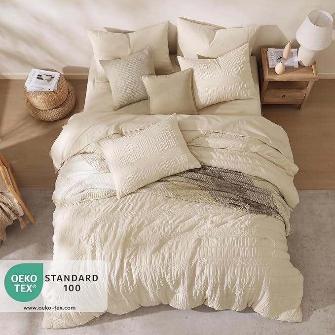 CASAAGUSTO Queen Comforter Set, 7 Pieces Beige Seersucker Bed in a Bag Queen Size Soft All Seasons, Bedding Sets with Comforter, Flat Sheet, Fitted Sheet, 2 Pillow Shams, 2 Pillowcases - LeafyLoom