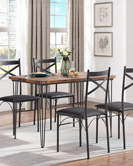 VECELO Kitchen Dining Room Table Set for Dinette, Breakfast Nook, 4 PU Metal Frame Chairs,Rectangular, Set of 5, Brown - LeafyLoom