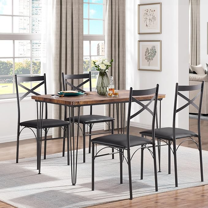 VECELO Kitchen Dining Room Table Set for Dinette, Breakfast Nook, 4 PU Metal Frame Chairs,Rectangular, Set of 5, Brown - LeafyLoom
