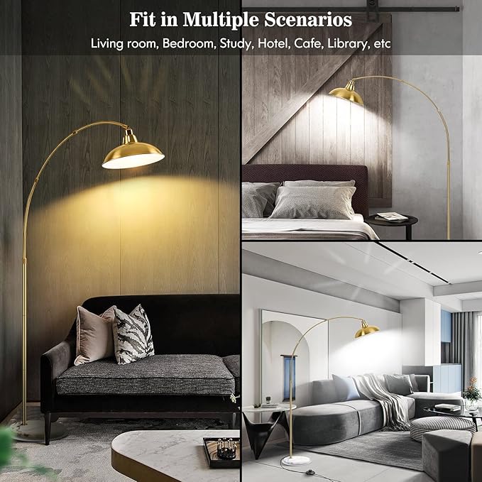 Gold Brass Arc Floor Lamp for Living Room - Mid Century Modern Standing Lamp, Overhanging Floor Lamps, Arch Stand Up Lamp & Floor Light with White Marble Base, Ideal for Bedroom Study Room - LeafyLoom