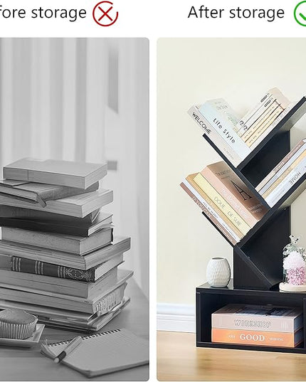 Hoctieon 3 Tier Tree Bookshelf, Small Bookcase with Drawer, Desktop Book Shelf, Display Floor Standing Storage Shelf, Book Organizer Shelves for Home Office, Black - LeafyLoom