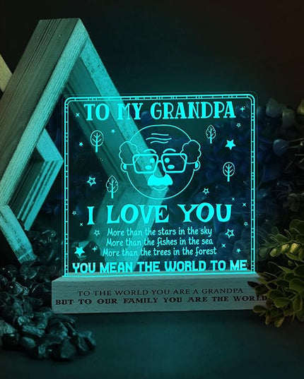 Grandpa Gifts from Grandchildren, to My Grandpa Night Light, Fathers Day Birthday Christmas Gifts for Grandfather, Lamp with Wooden Base for Men, Gifts Bedroom Décor - LeafyLoom