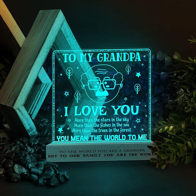 Grandpa Gifts from Grandchildren, to My Grandpa Night Light, Fathers Day Birthday Christmas Gifts for Grandfather, Lamp with Wooden Base for Men, Gifts Bedroom Décor - LeafyLoom