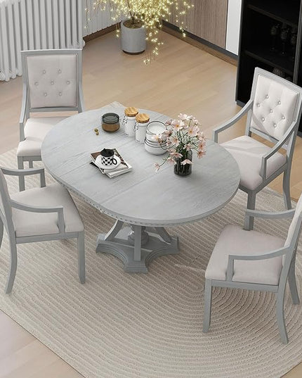 Retro Style 5 Piece Set with Extendable Freely AdjustableRound Table and 4 Chairs, Full Assembly Required, for Dining Room, Kitchen, Antique Gray 30 - LeafyLoom