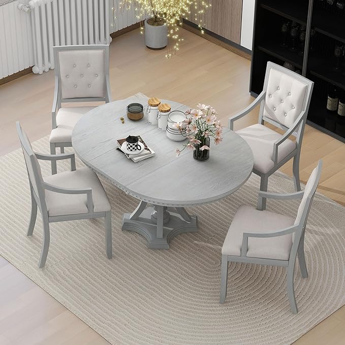 Retro Style 5 Piece Set with Extendable Freely AdjustableRound Table and 4 Chairs, Full Assembly Required, for Dining Room, Kitchen, Antique Gray 30 - LeafyLoom