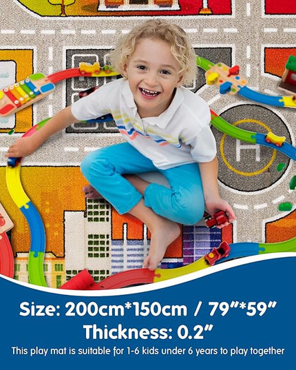Booooom Jackson Kids Rug for Toy Cars 4.9x6.6ft Colorful Non Slip Kids Traffic Playmat for Playroom Bedroom Kids Room Classroom Kids Play Rug Area Rug Road Rug Blue Kids Play Carpet Race Track Mat - LeafyLoom