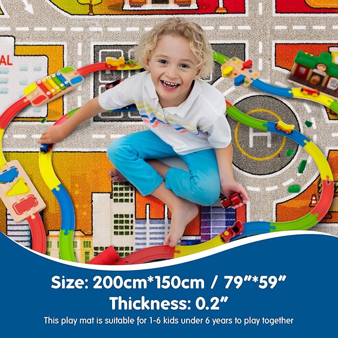 Booooom Jackson Kids Rug for Toy Cars 4.9x6.6ft Colorful Non Slip Kids Traffic Playmat for Playroom Bedroom Kids Room Classroom Kids Play Rug Area Rug Road Rug Blue Kids Play Carpet Race Track Mat - LeafyLoom