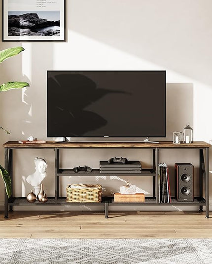 TV Stand for 70 Inch TV, 63" Entertainment Center for 50/55/60/65/70 Inch TV, Modern 3-Tier Open Storage Shelves, Industrial Long TV Media Console Table for Living Room, Bedroom, Rustic Brown - LeafyLoom