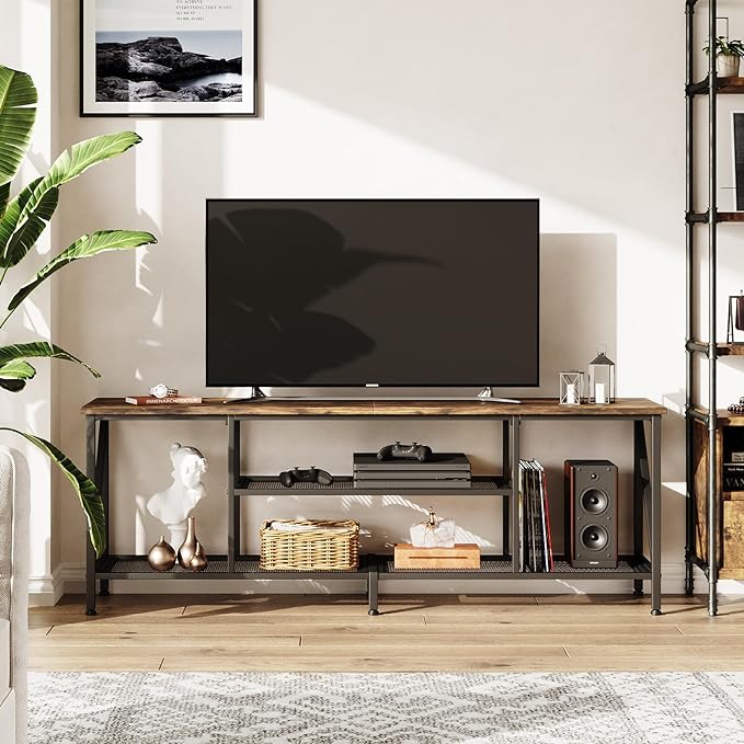 TV Stand for 70 Inch TV, 63" Entertainment Center for 50/55/60/65/70 Inch TV, Modern 3-Tier Open Storage Shelves, Industrial Long TV Media Console Table for Living Room, Bedroom, Rustic Brown - LeafyLoom