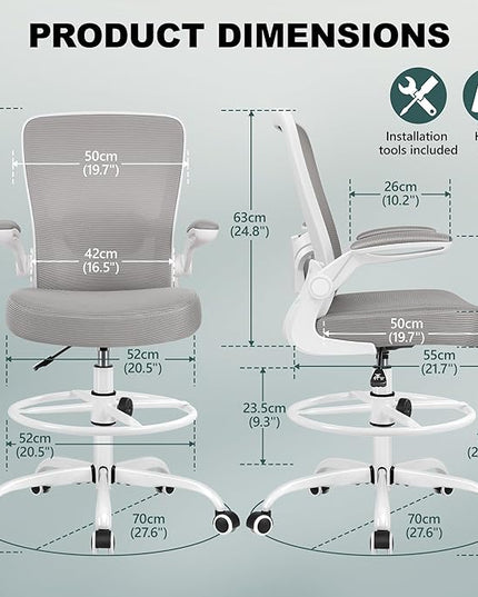 FelixKing Drafting Chair Ergonomic Tall Office Chair, Breathable Mesh Chair with Adjustable Footrest Ring Lumbar Support Flip-up Armrests, High Back Executive Comfy Task Computer Chair for Home Office - LeafyLoom