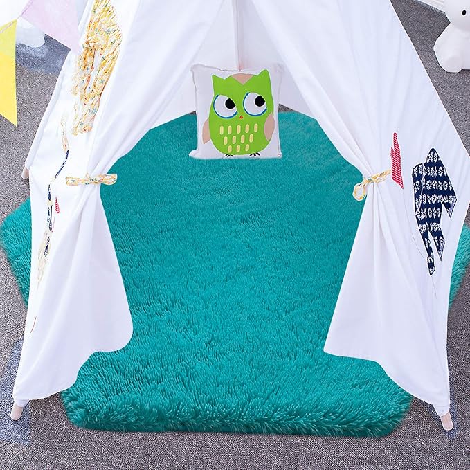 junovo Ultra Soft Rug for Nursery Children Room Baby Room Home Decor Dormitory Hexagon Carpet for Playhouse Princess Tent Kids Play Castle, Diameter 4.6 ft, Teal Blue - LeafyLoom