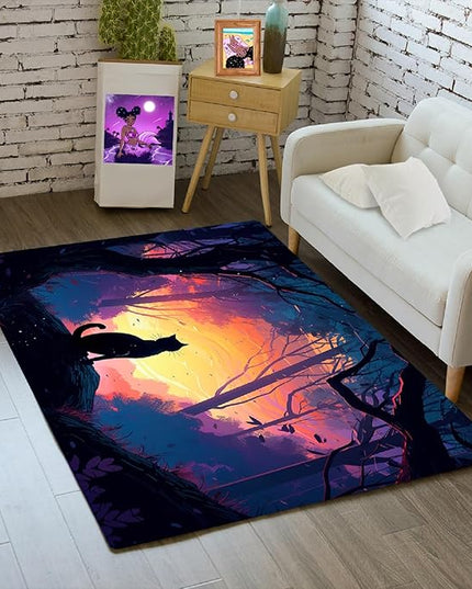 Magic Black Cat Rug - Moon Cat Rug for Girls Room Forestscape Cat Area Rug Black Cat Door Mat Colorful Rug with Black Cat Pattern, 2x3 Feet - LeafyLoom