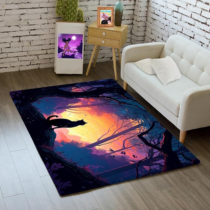 Magic Black Cat Rug - Moon Cat Rug for Girls Room Forestscape Cat Area Rug Black Cat Door Mat Colorful Rug with Black Cat Pattern, 2x3 Feet - LeafyLoom