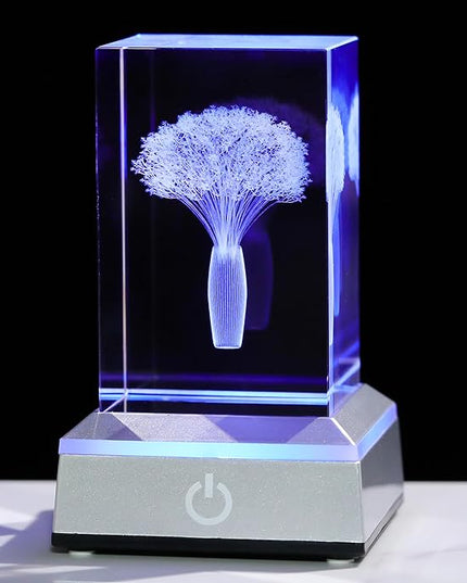 3D Crystal Babys Breath with Colorful Light Base Laser Engraved- Fake Baby Breath Flowers Figurines Statue Laser Engraved - Baby's Breath Room Party Classroom Nature Decor Birthday Mothers Day Valenti - LeafyLoom