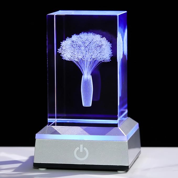 3D Crystal Babys Breath with Colorful Light Base Laser Engraved- Fake Baby Breath Flowers Figurines Statue Laser Engraved - Baby's Breath Room Party Classroom Nature Decor Birthday Mothers Day Valenti - LeafyLoom