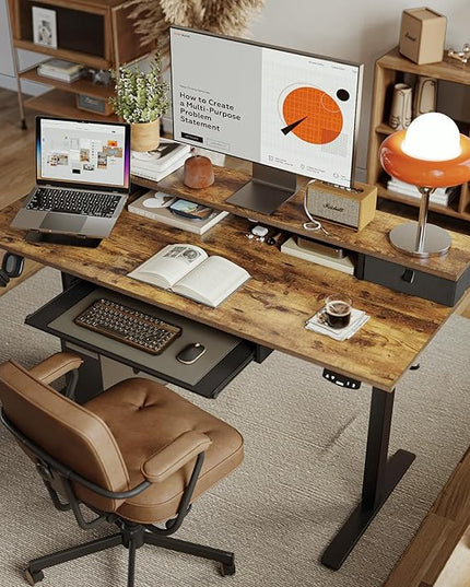 Electric Standing Desk with 2 Drawers and Keyboard Tray, 48 x 24 Inches Ergonomic Adjustable Height Desk with Storage, Sit Stand Computer Workstation, Rustic Brown - LeafyLoom