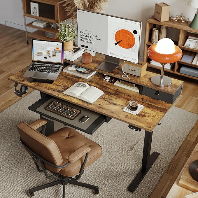 Electric Standing Desk with 2 Drawers and Keyboard Tray, 48 x 24 Inches Ergonomic Adjustable Height Desk with Storage, Sit Stand Computer Workstation, Rustic Brown - LeafyLoom