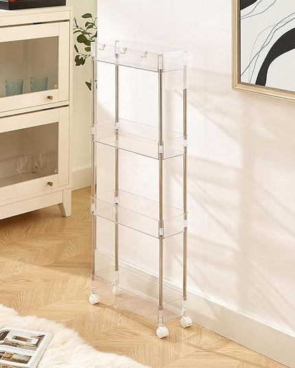 VECELO Acrylic 4-Tier Rolling Storage Cart,Multifunction Slim Utility Clear Cart Kitchen Storage Organizer,Mobile Cart with Lockable Wheels Hooks&Bucket for Home Office,Clear - LeafyLoom