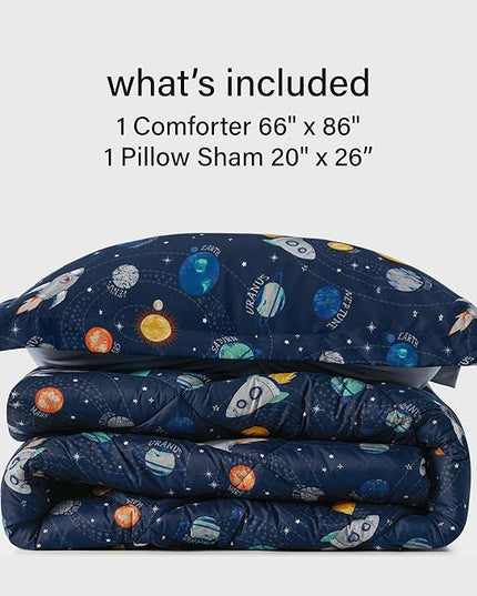 Twin Space Bedding Sets for Boys, 2 Pieces Kids Twin Comforter Sets, Super Soft Lightweight for All Seasons, Includes 1 Comforter (66"x86") and 1 Pillowcase (20"x26"+2") - LeafyLoom