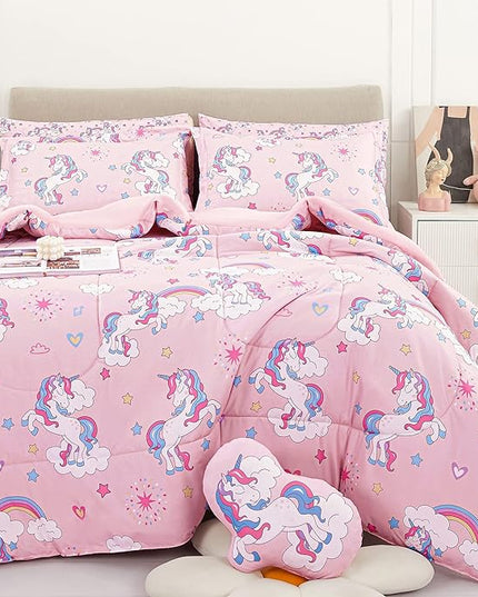 Mooreeke Kids Comforter Bed Set Full Size for s Girls, 8 Pieces Bed in a Bag with Shams, Sheet Set, Pink Unicorn Full Soft Microfiber Kids Comforter Bedding Set - LeafyLoom