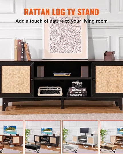 VEVOR Rattan TV Stand for 75in TV, Boho TV Stand with Rattan Door, Entertainment Center with Build-in Socket, Storage Cabinet with 2 Shelves, Modern TV Console for Living Room, Media Room, Black - LeafyLoom