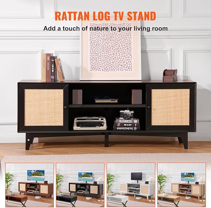 VEVOR Rattan TV Stand for 75in TV, Boho TV Stand with Rattan Door, Entertainment Center with Build-in Socket, Storage Cabinet with 2 Shelves, Modern TV Console for Living Room, Media Room, Black - LeafyLoom