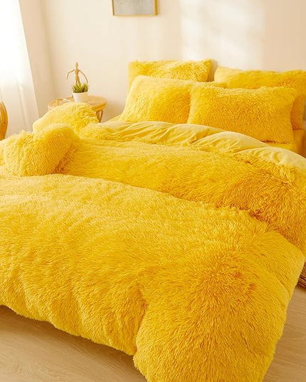 FOPPA Yellow Plush Fluffy Comforter Cover Set Queen - Ultra Soft Faux Fur Yellow Bedding Sets 3 Pieces (1 Shaggy Duvet Cover + 2 Pillow case) Fuzzy Bed Set (Yellow, Queen) - LeafyLoom