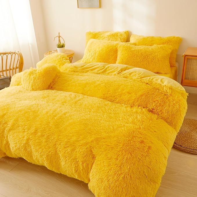 FOPPA Yellow Plush Fluffy Comforter Cover Set Queen - Ultra Soft Faux Fur Yellow Bedding Sets 3 Pieces (1 Shaggy Duvet Cover + 2 Pillow case) Fuzzy Bed Set (Yellow, Queen) - LeafyLoom