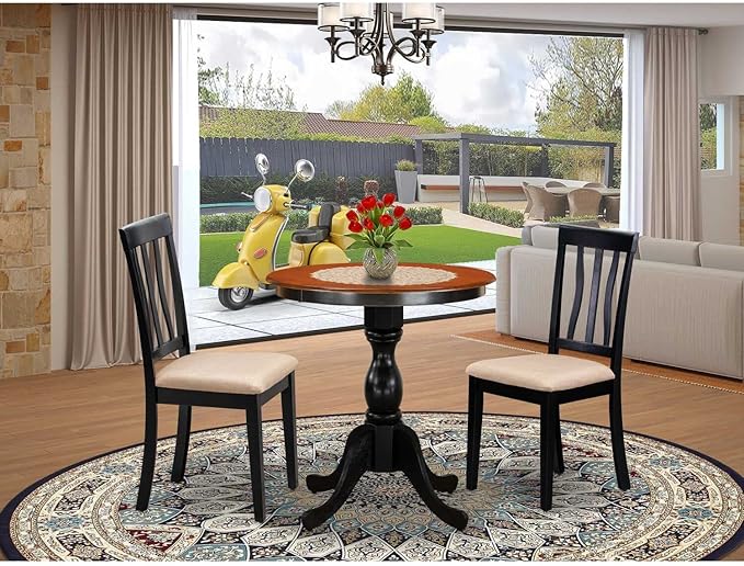 East West Furniture Eden 3 Piece Set for Small Spaces Contains a Round Dining Room Table with Pedestal and 2 Linen Fabric Upholstered Chairs, 30x30 Inch, ESAN3-BCH-C - LeafyLoom