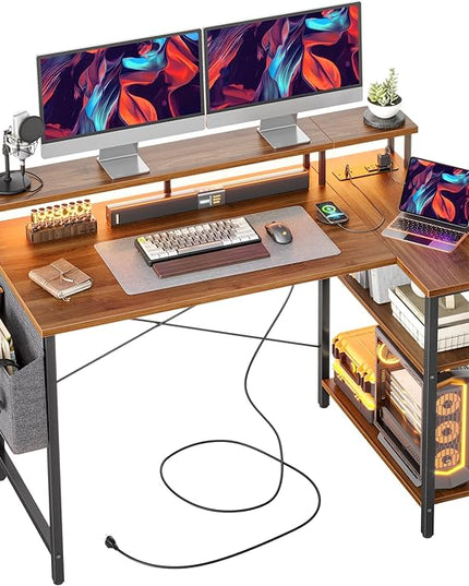 L Shaped Gaming Desk with Power Outlets, 47 Inch Computer Desk with LED Lights and Reversible Shelves, Corner Desk Work Desk for Home Office Bedroom, Walnut - LeafyLoom