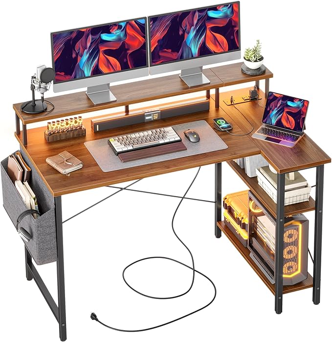 L Shaped Gaming Desk with Power Outlets, 47 Inch Computer Desk with LED Lights and Reversible Shelves, Corner Desk Work Desk for Home Office Bedroom, Walnut - LeafyLoom