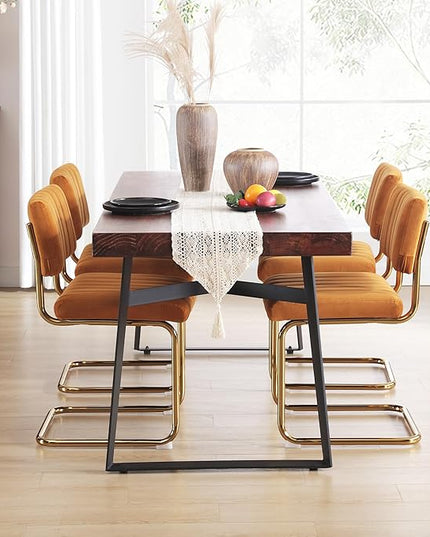 ONEVOG Orange Velvet Dining Chairs Set of 2, Upholstered Kitchen Dining Room Chair, Comfy Dinner Chair with Gold Metal Legs, Cantilevered Design Chair for Bedroom, Living Room - LeafyLoom