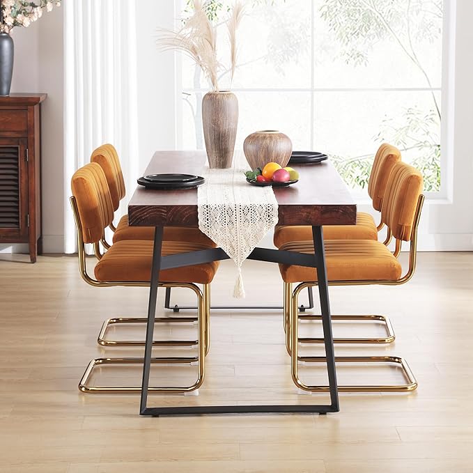 ONEVOG Orange Velvet Dining Chairs Set of 2, Upholstered Kitchen Dining Room Chair, Comfy Dinner Chair with Gold Metal Legs, Cantilevered Design Chair for Bedroom, Living Room - LeafyLoom