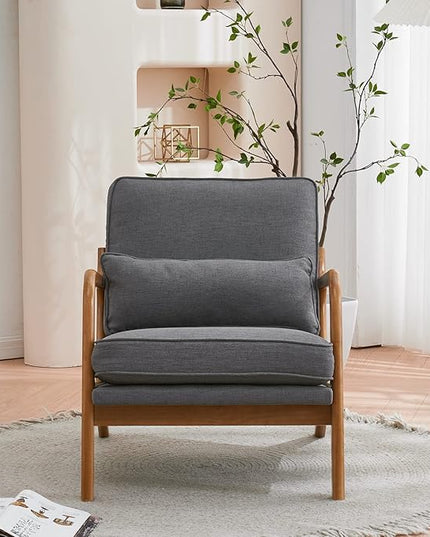 Bonnlo Linen Dark Grey Mid Century Modern Accent Chair, Soild Wood Padding Lounge Armchairs Side Sitting Chairs for Living Room, Bedroom, Guest Room - LeafyLoom