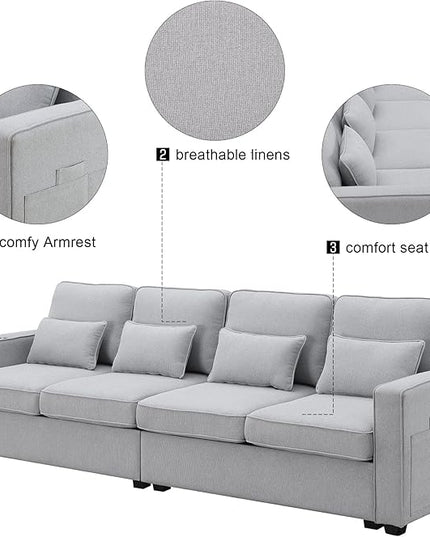 104" Modern Sofa, 4-seat Couch with Armrest Pockets and 4 Pillows for Living Room, Apartment, 104inch, Light Gray - LeafyLoom
